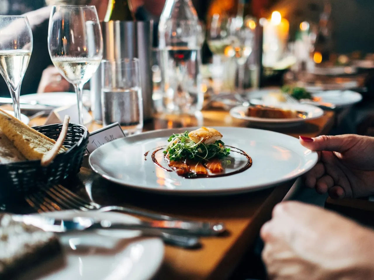 Plated food and table service in a restaurant